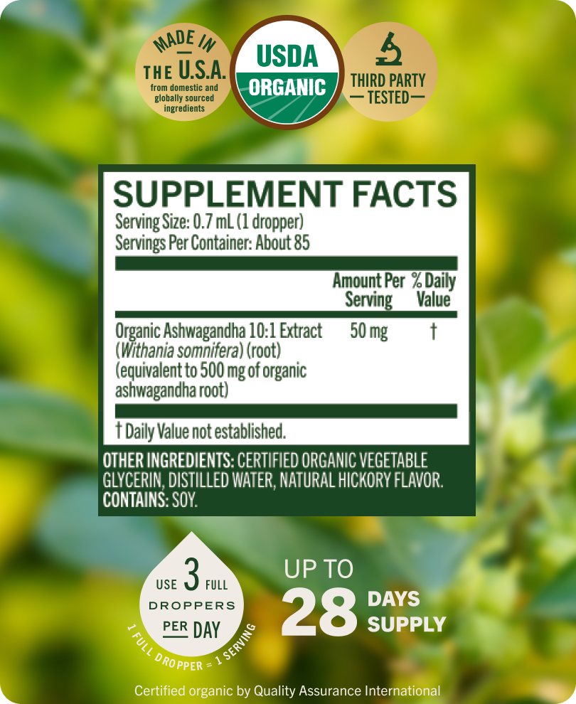 USDA Organic Ashwagandha Root Drops - 2 Fl. Oz. Bottle