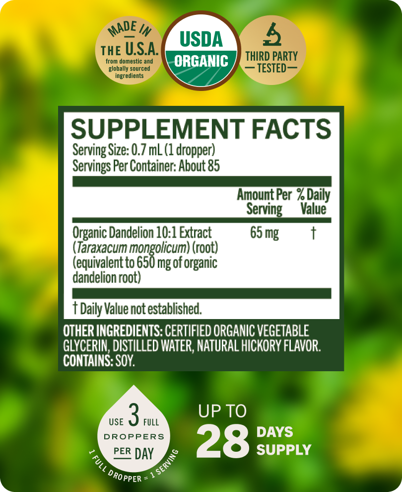 USDA Organic Dandelion Root Drops - 2 Fl. Oz. Bottle