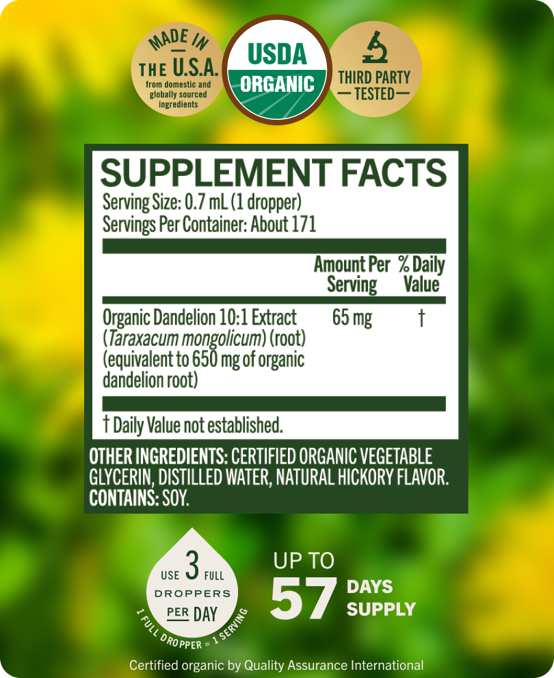 USDA Organic Dandelion Root Drops - 4 Fl. Oz. Bottle