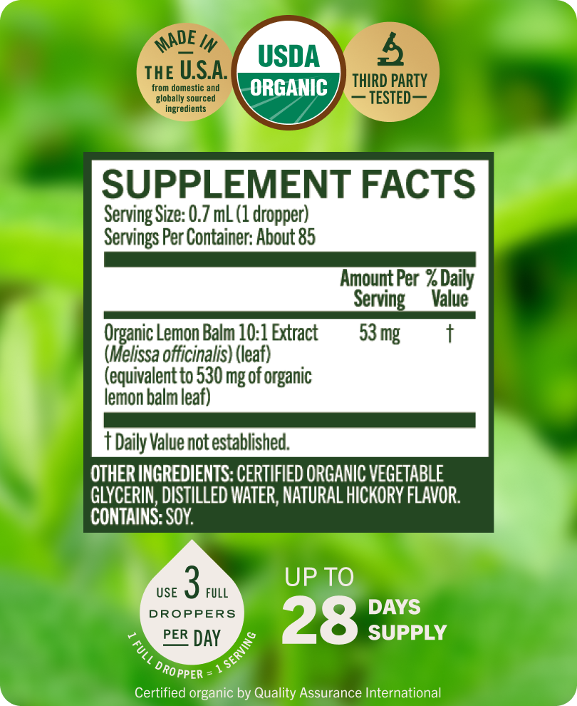 USDA Organic Lemon Balm Drops - 2 Fl. Oz. Bottle