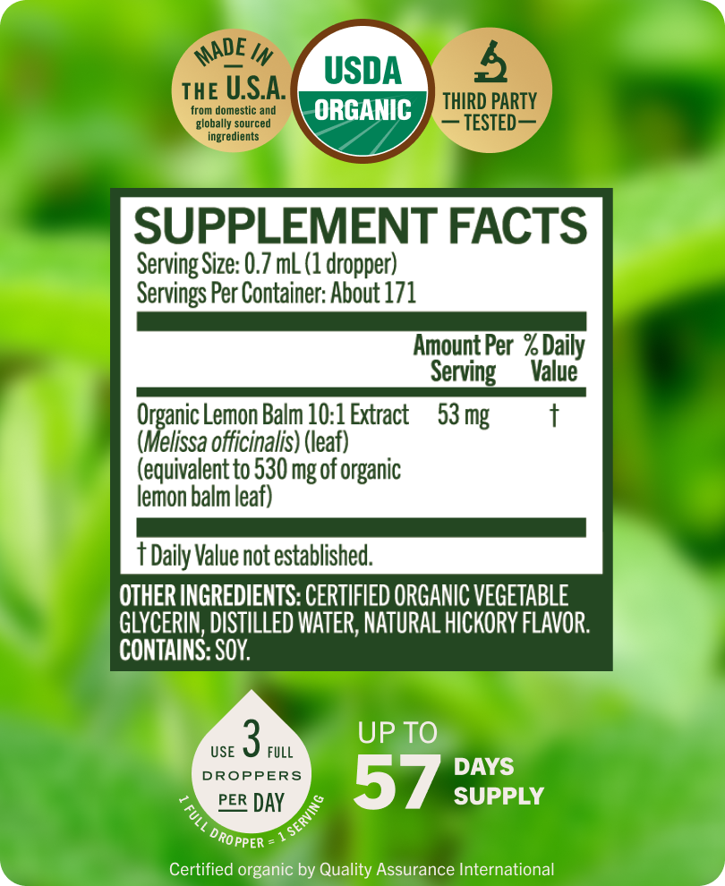 USDA Organic Lemon Balm Drops - 4 Fl. Oz. Bottle