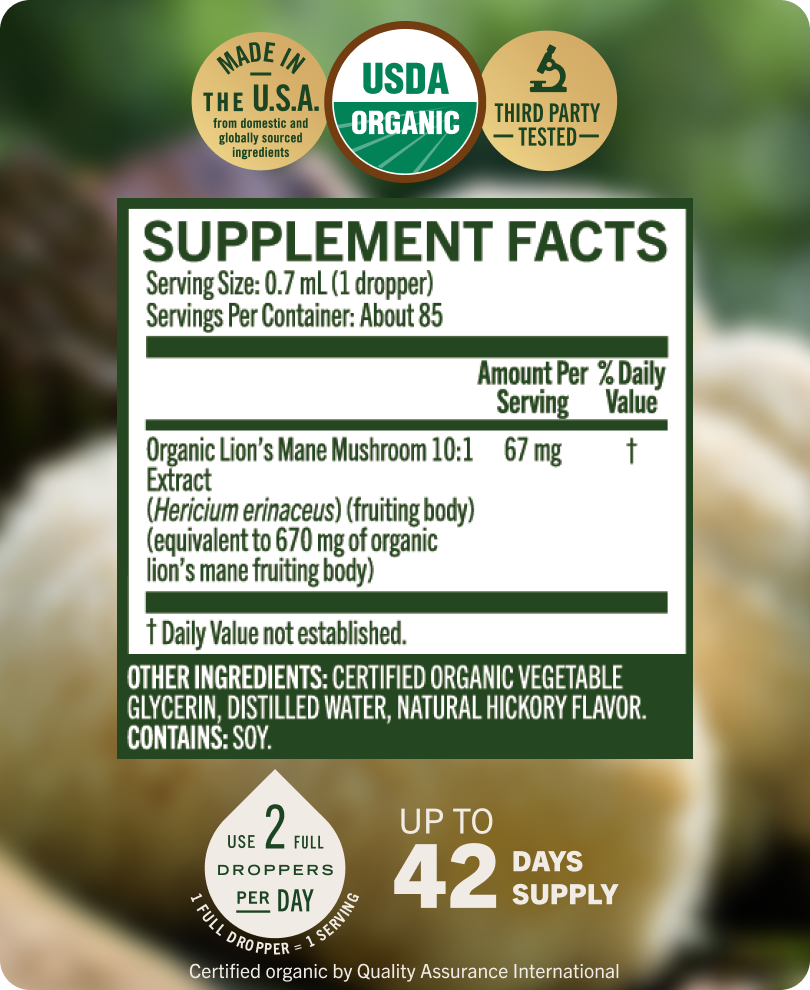 USDA Organic Lion's Mane Drops - 2 Fl. Oz. Bottle