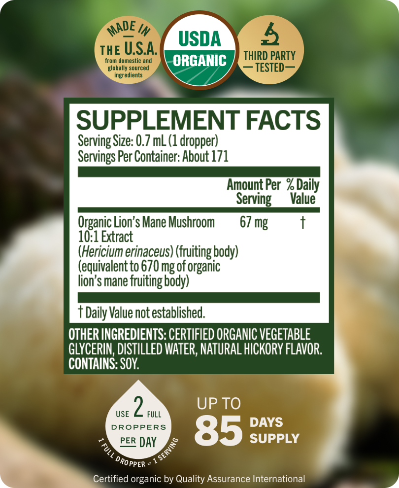 USDA Organic Lion's Mane Drops - 4 Fl. Oz. Bottle