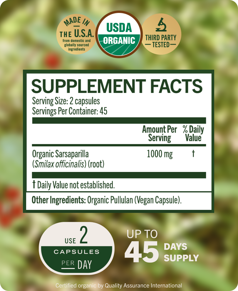 USDA Organic Sarsaparilla Root Capsules - 90 CT