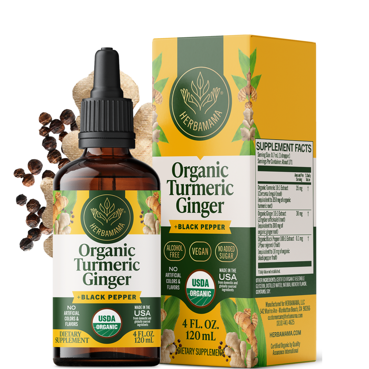USDA Organic Turmeric & Ginger +Black Pepper Drops - 4 Fl. Oz. Bottle